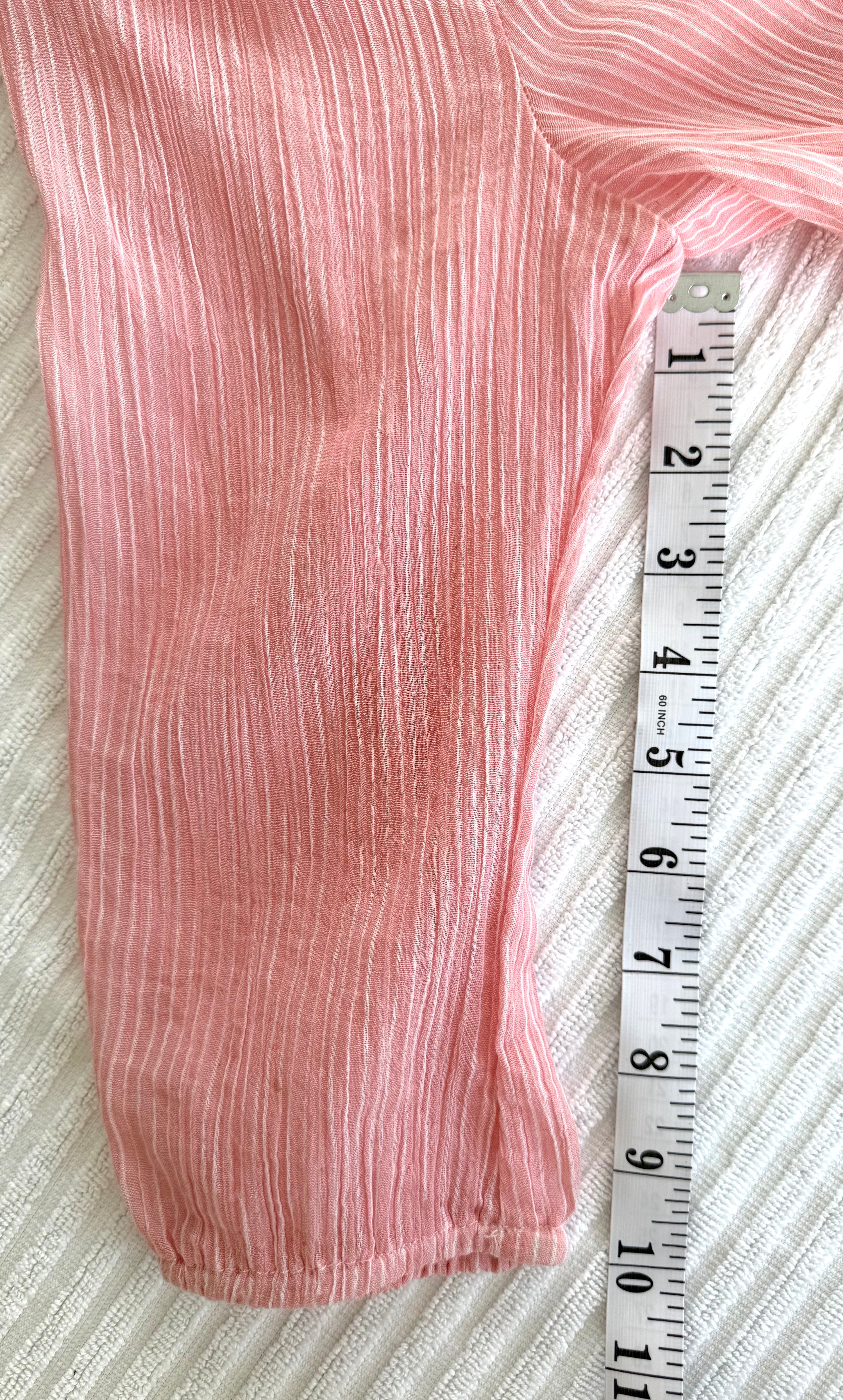 NWT Denver Hayes 100% Cotton Pink Stripe Peasant Blouse — Gathered Neck | 3/4 Sleeve | Size S at Blue Sparrow Shop measuring 10 sleeve