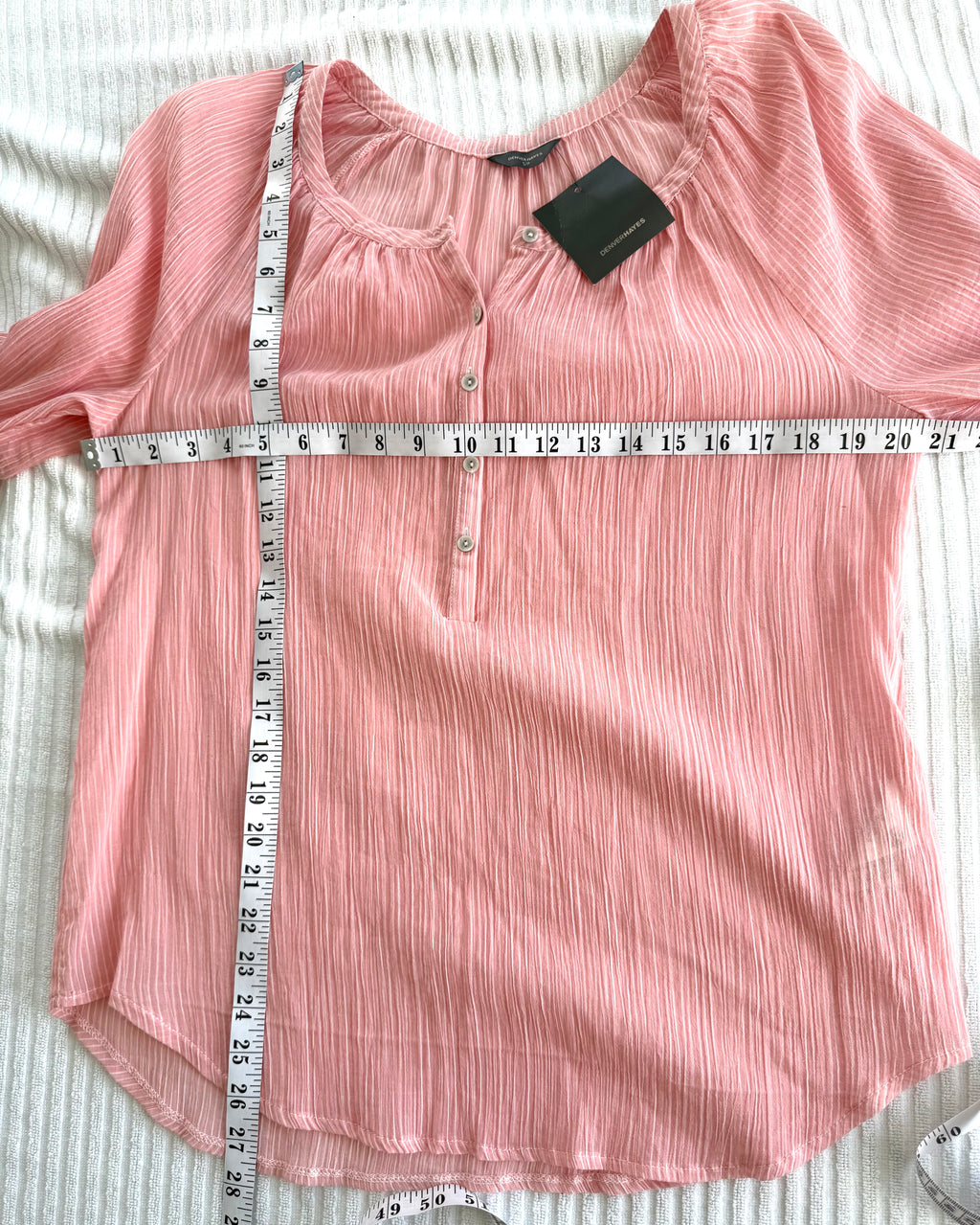 NWT Denver Hayes 100% Cotton Pink Stripe Peasant Blouse — Gathered Neck | 3/4 Sleeve | Size S at Blue Sparrow Shop measuring 40" bust and 26-28" shoulder to hem 