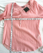 NWT Denver Hayes 100% Cotton Pink Stripe Peasant Blouse — Gathered Neck | 3/4 Sleeve | Size S at Blue Sparrow Shop measuring 40" bust and 26-28" shoulder to hem 