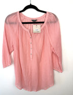 NWT Denver Hayes 100% Cotton Pink Stripe Peasant Blouse — Gathered Neck | 3/4 Sleeve | Size S at Blue Sparrow Shop on hanger front view