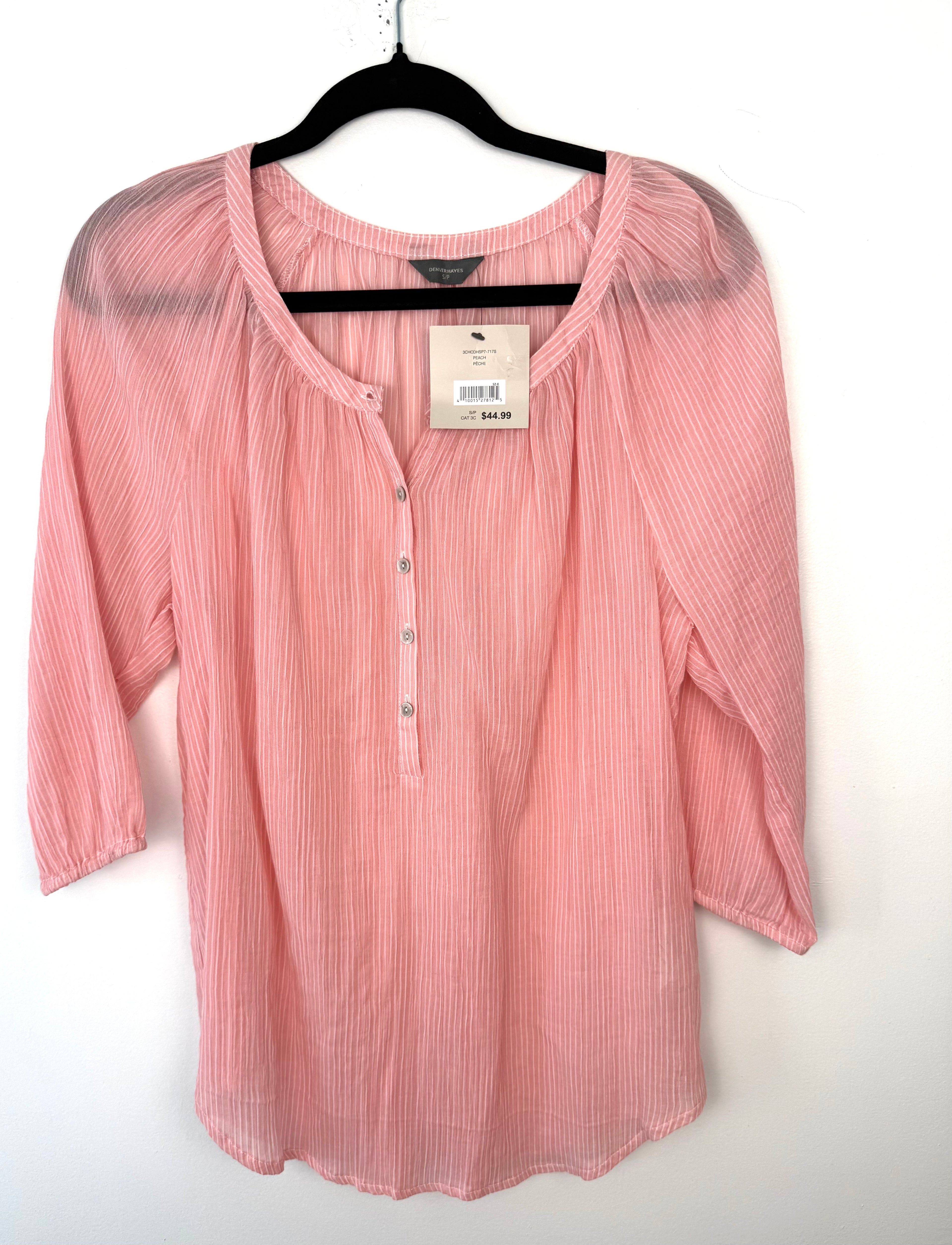 NWT Denver Hayes 100% Cotton Pink Stripe Peasant Blouse — Gathered Neck | 3/4 Sleeve | Size S at Blue Sparrow Shop on hanger front view