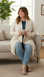 NWT Duffield Design Bamboo Cotton Waterfall Cardigan | Size L at Blue Sparrow Shop on woman sitting on couch 