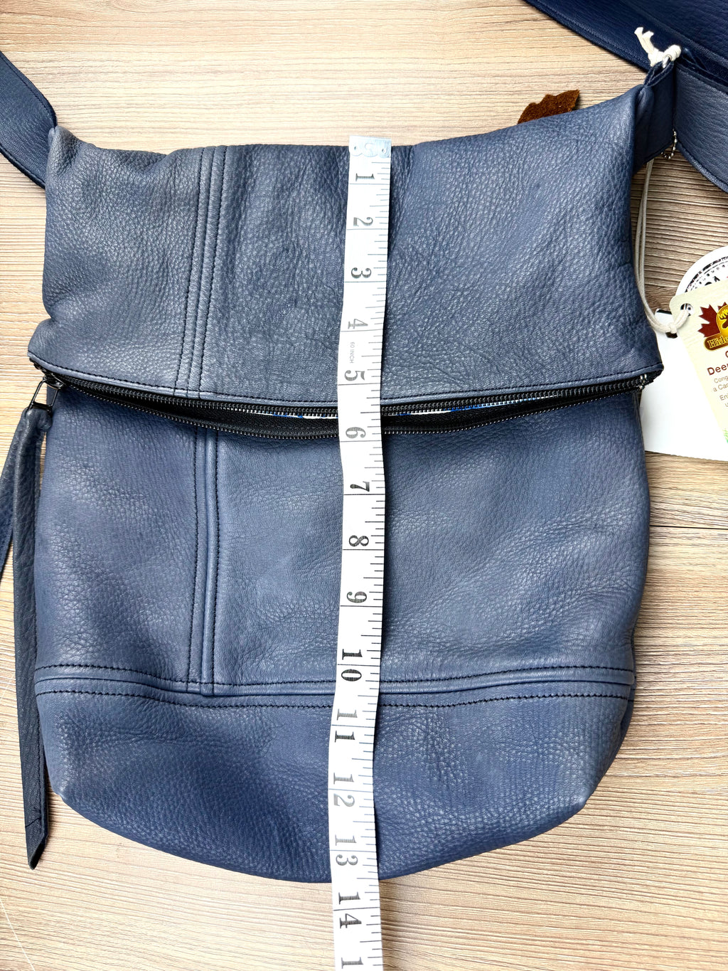 NWT Hides in Hand genuine deerskin leather crossbody bag measuring 14" deep