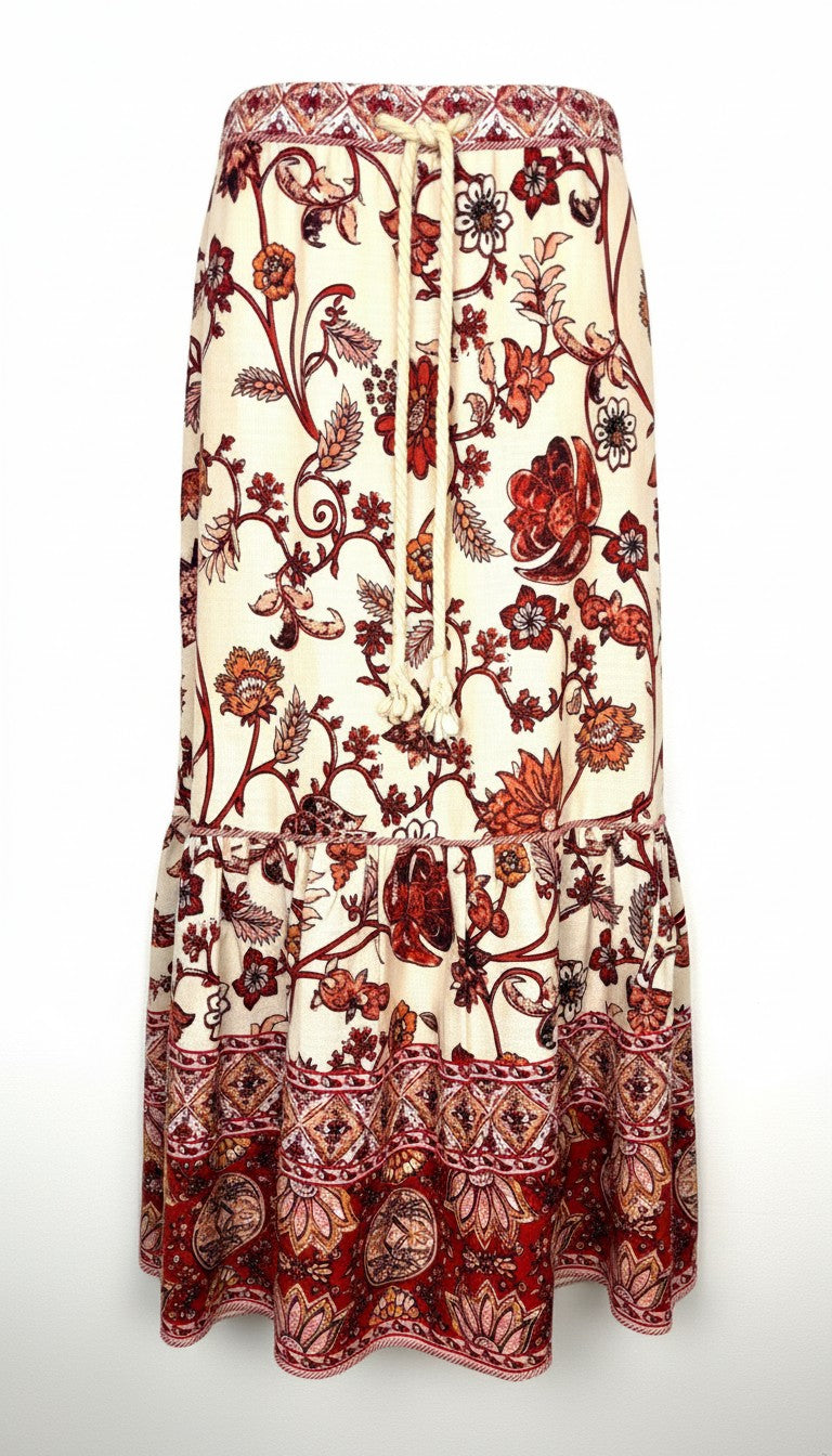 NWT House of Harlow 1960 — 55% Linen Cream Rust Floral Midi Skirt, Size L at Blue Sparrow Shop