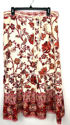 NWT House of Harlow 1960 — 55% Linen Cream Rust Floral Midi Skirt, Size L at Blue Sparrow Shop on hanger