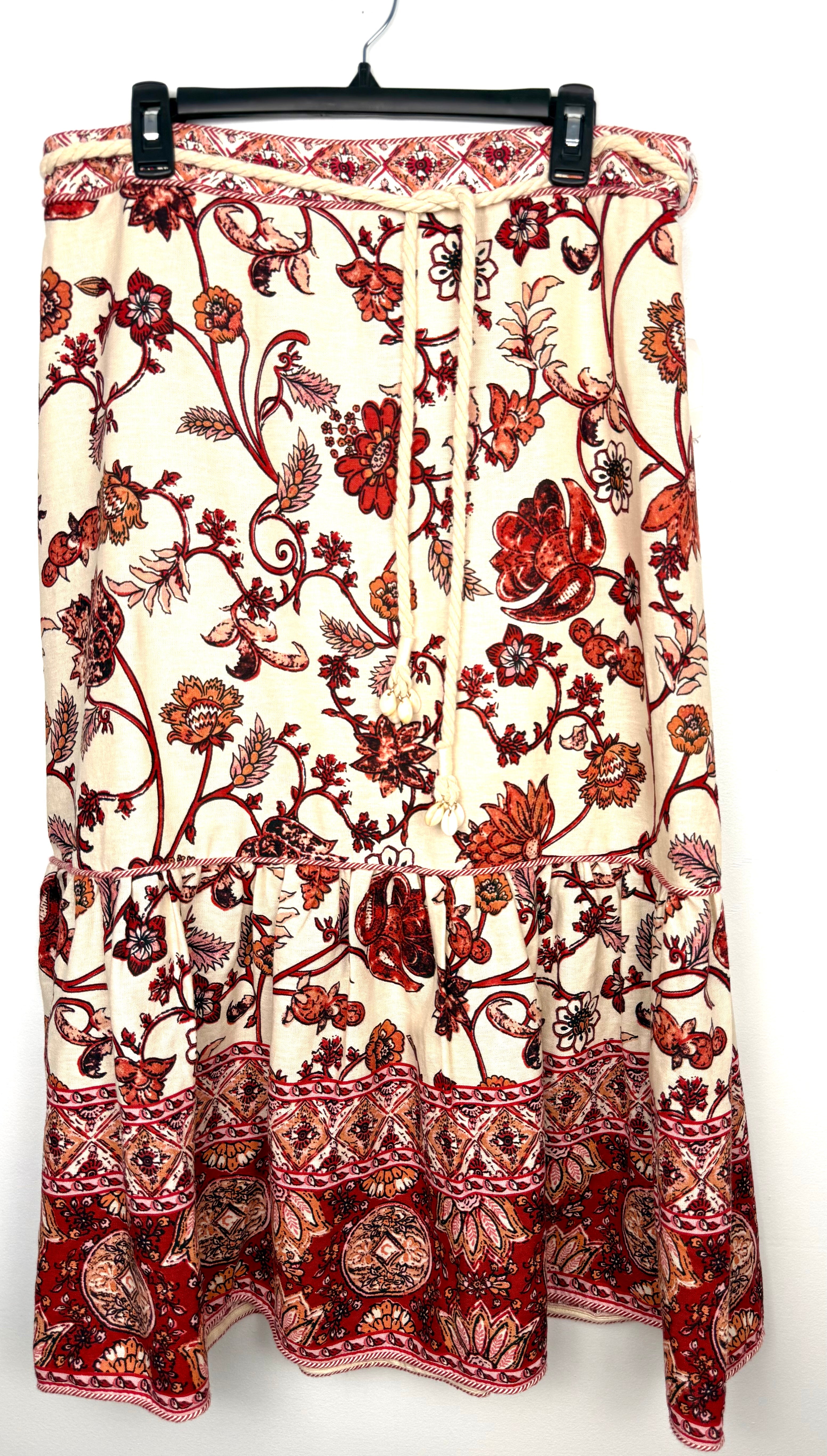 NWT House of Harlow 1960 — 55% Linen Cream Rust Floral Midi Skirt, Size L at Blue Sparrow Shop on hanger