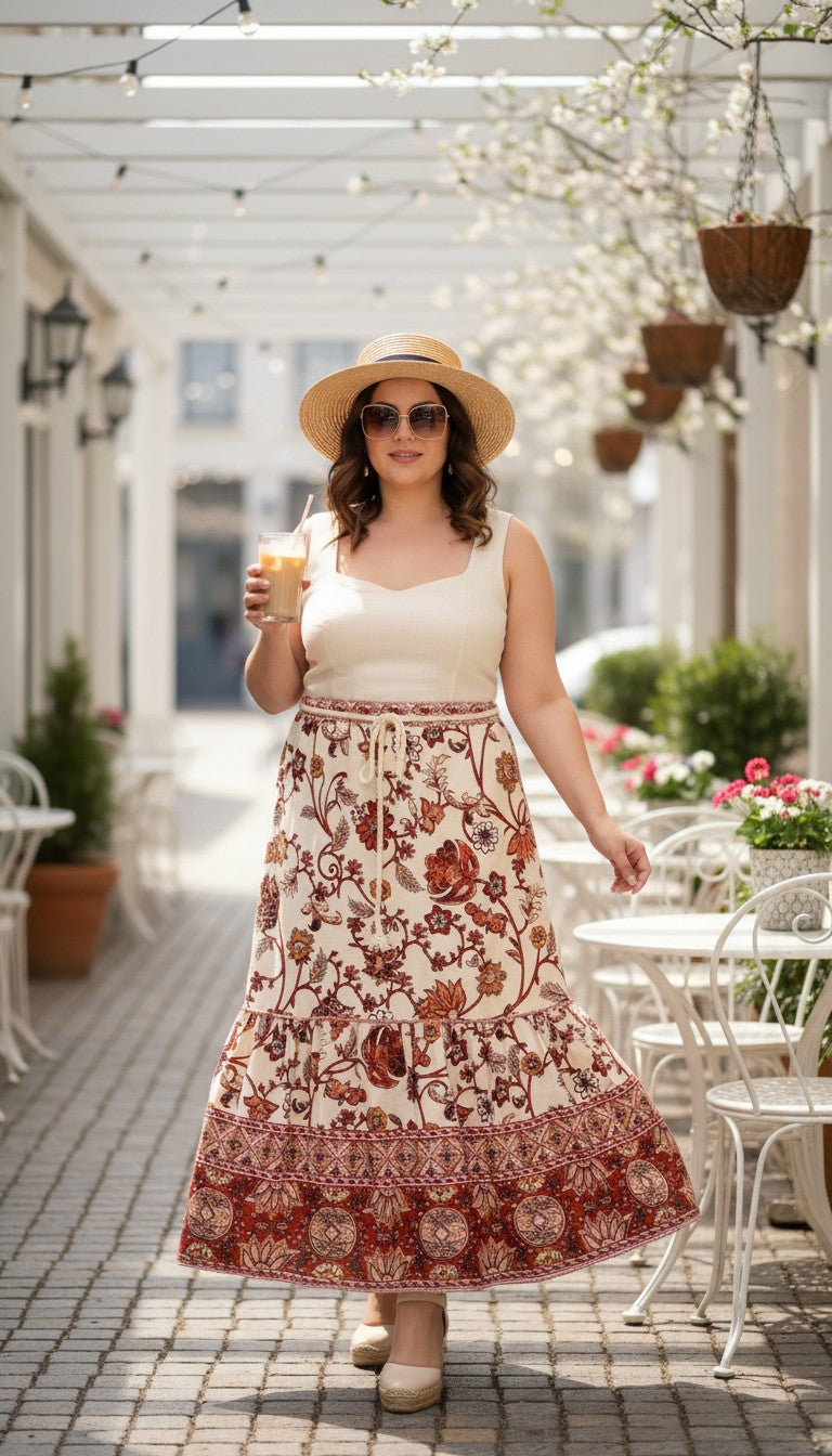 NWT House of Harlow 1960 — 55% Linen Cream Rust Floral Midi Skirt, Size L at Blue Sparrow Shop on woman sipping iced coffee outside