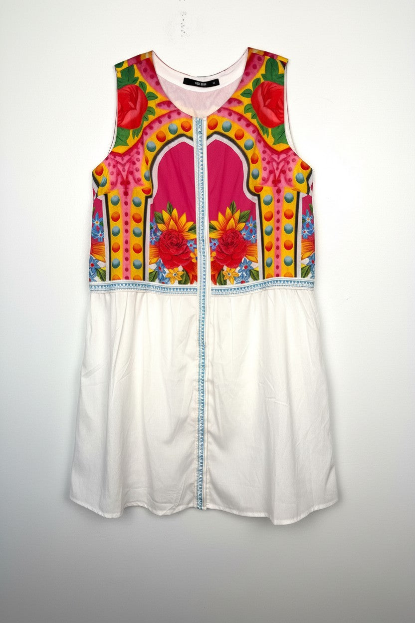 NWT Khaadi Colourful Floral Sleeveless Dress | Statement Summer Dress | Size M at Blue Sparrow Shop on white background