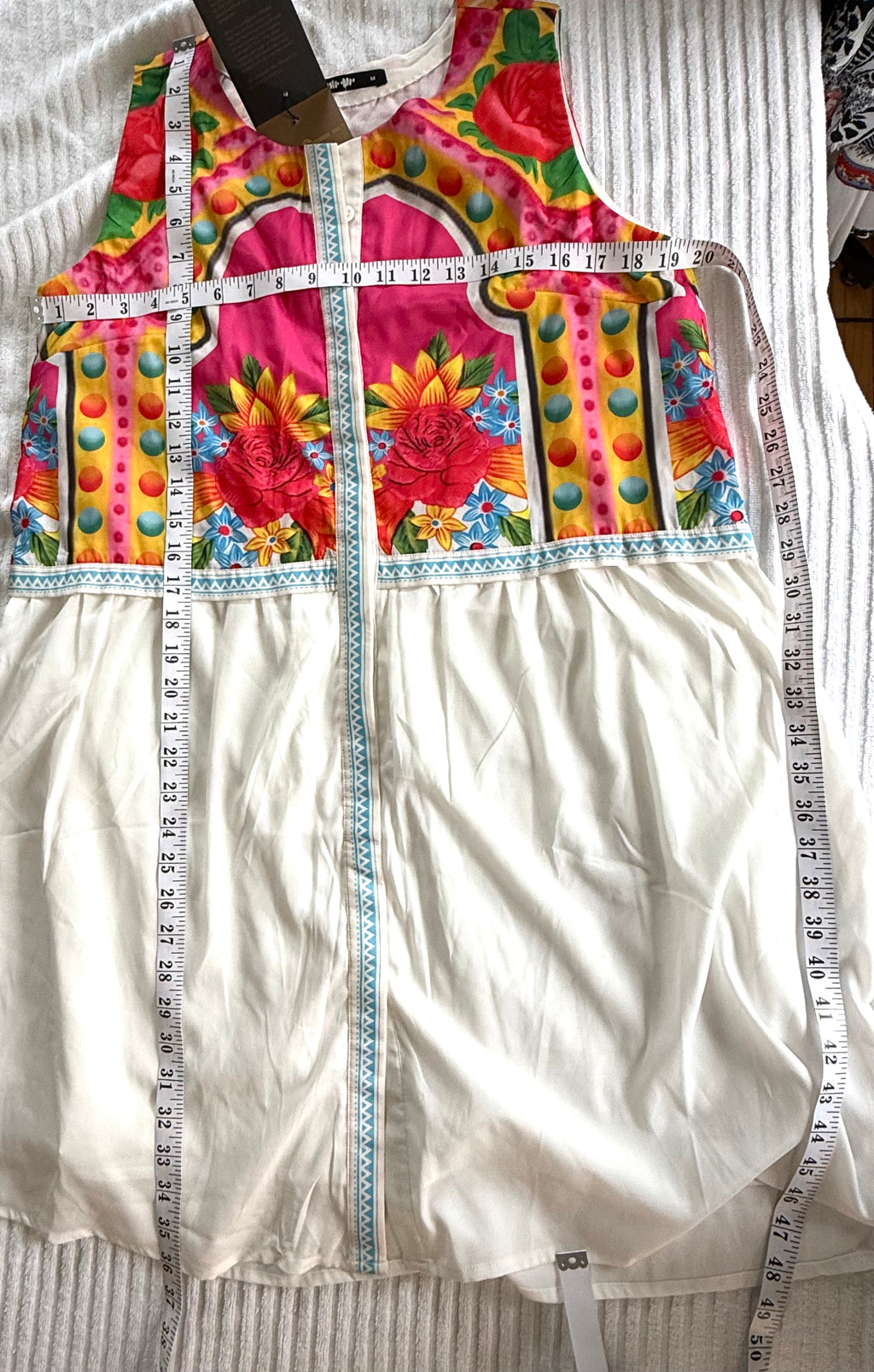 NWT Khaadi Colourful Floral Sleeveless Dress | Statement Summer Dress | Size M at Blue Sparrow Shop measuring 38" bust and 36" length