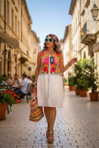 NWT Khaadi Colourful Floral Sleeveless Dress | Statement Summer Dress | Size M at Blue Sparrow Shop on woman walking on European Street