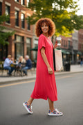 NWT Leave Nothing But Footprints Bamboo Maxi Dress | Size S at Blue Sparrow Shop on woman holding a coffee walking across the street 