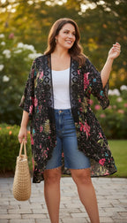 NWT Maurices Kimono Cardigan | Size Large at Blue Sparrow Shop  on woman outside in denim shorts