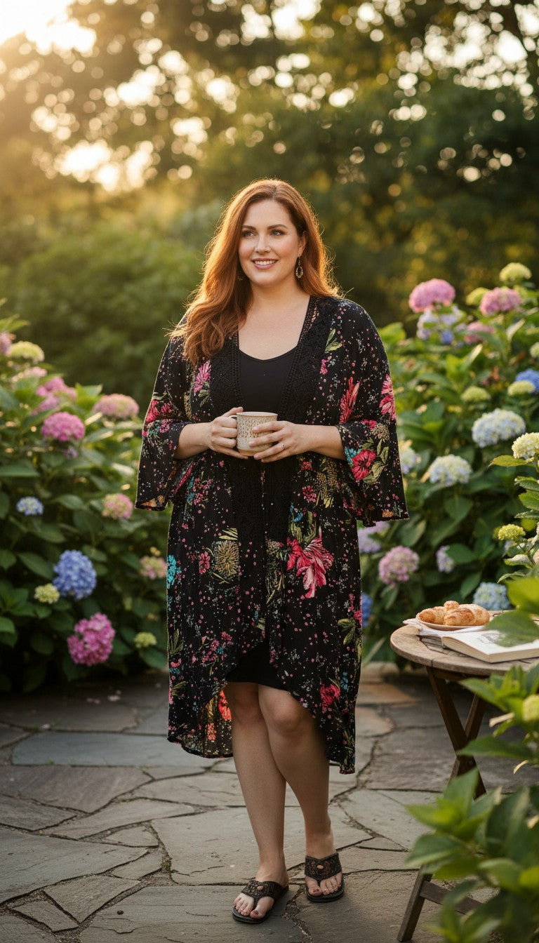 NWT Maurices Kimono Cardigan | Size Large at Blue Sparrow Shop  on woman outside in garden
