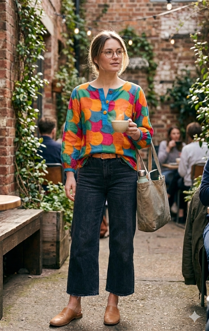 NWT Multicolour Tunic Blouse at Blue Sparrow Shop on woman outdoors