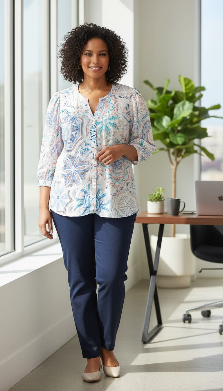 NWT Northern Reflections Mandala Print Blouse | Size M at Blue Sparrow Shop compare at $69.99 on woman standing by desk