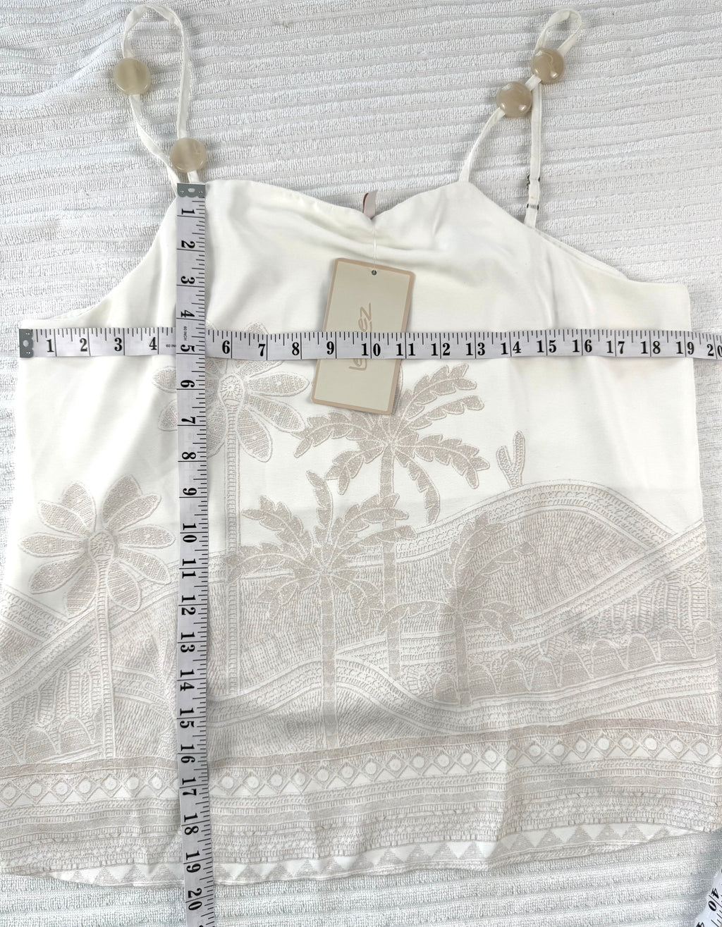 NWT Palm Tree Embroidered Cami | Size L at Blue Sparrow Shop measuring 38" bust and 20" length