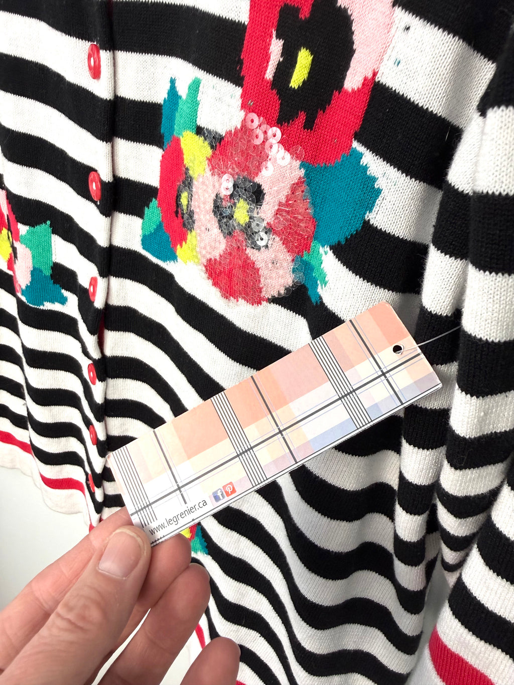 NWT Parisien style sweater - nautical black and white striped cardigan by Le Grenier  showing hang tag that says it's NWT