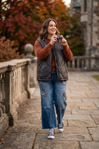 NWT Socialite Quilted Zip Front Vest | Size S/M on woman taking pictures outside
