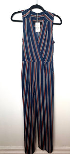 NWT Vision Lab women’s navy striped wide leg jumpsuit size medium sleeveless. on hanger 