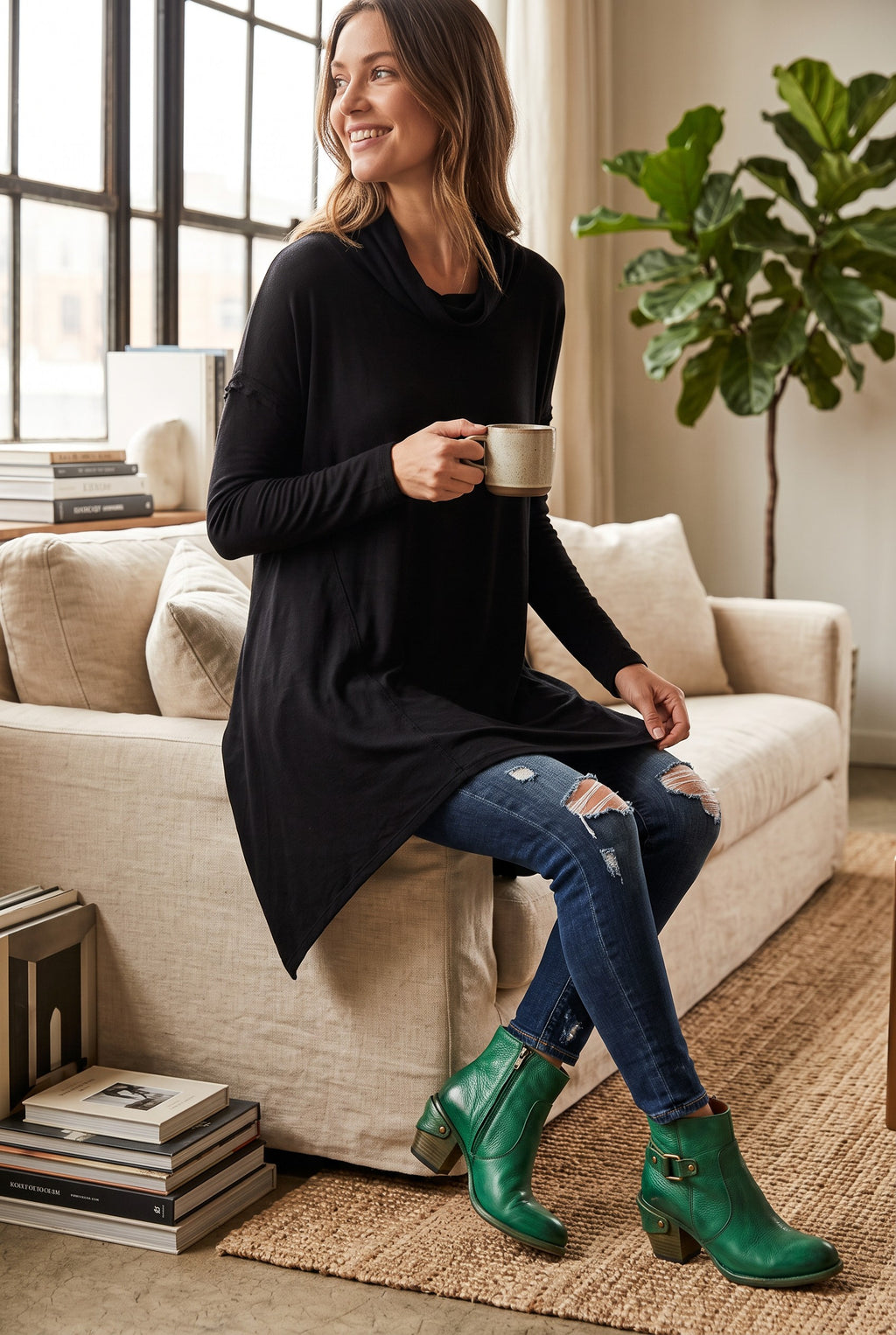 NWT We the Free People tunic on ai model sitting on edge of couch wearing green boots and jeans