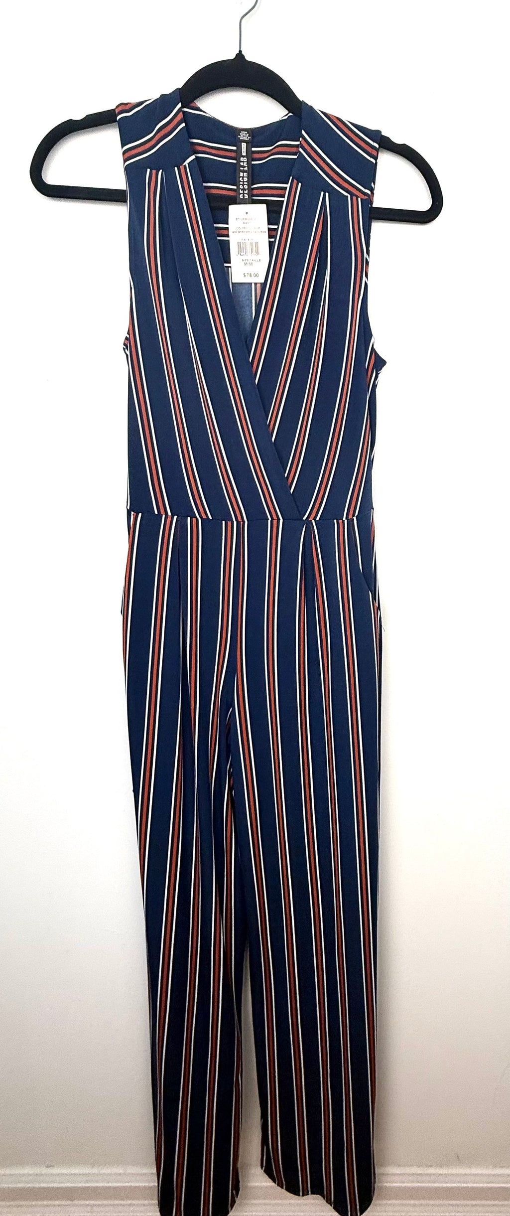 NWT Wide leg hem detail navy striped jumpsuit women on hanger