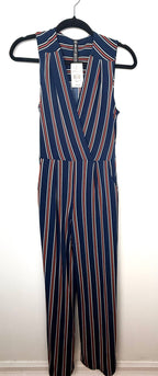 NWT Wide leg hem detail navy striped jumpsuit women on hanger