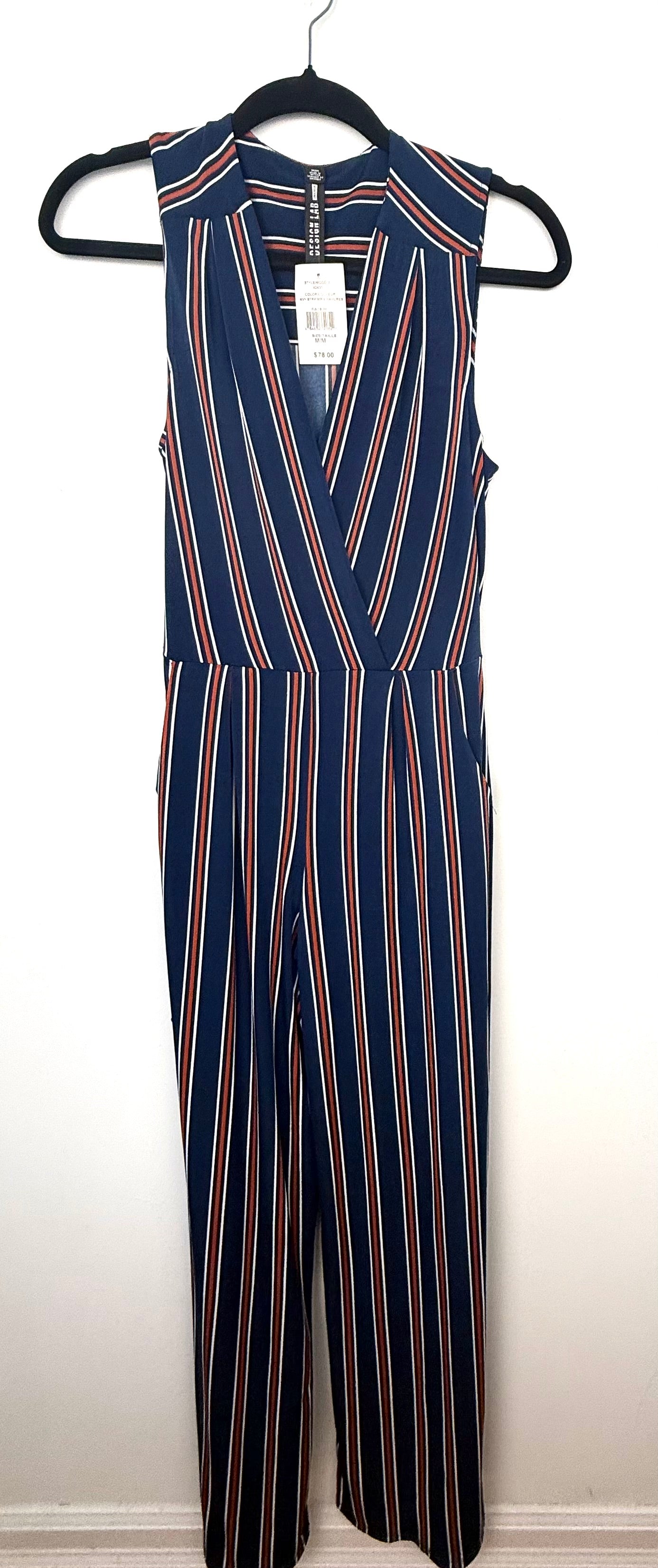 NWT Wide leg hem detail navy striped jumpsuit women on hanger