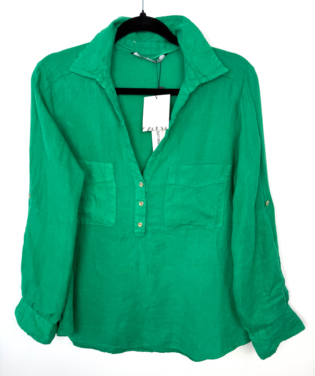 NWT Zara 100% Linen Shirt | Size M at Blue Sparrow Shop  on hanger