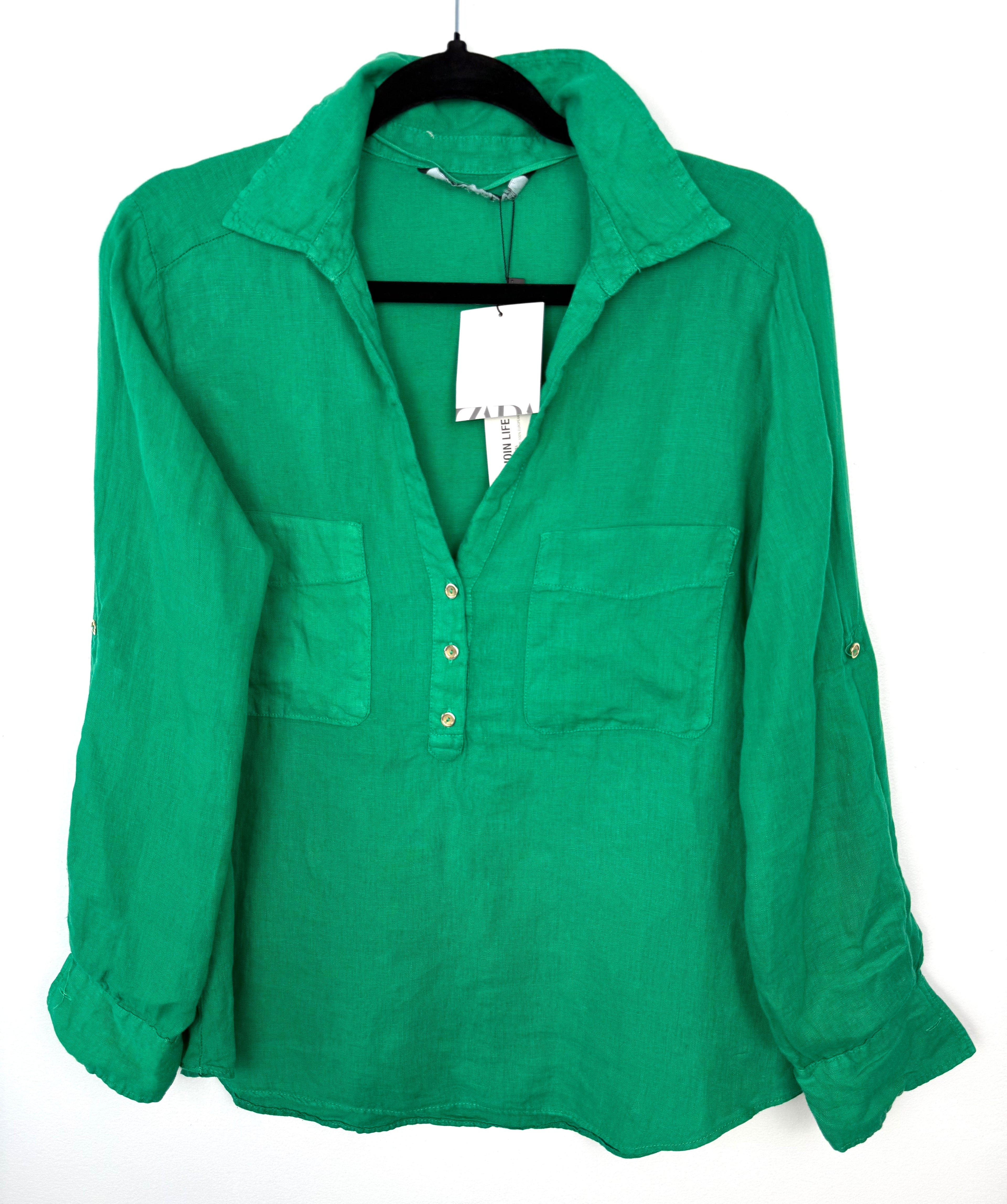 NWT Zara 100% Linen Shirt | Size M at Blue Sparrow Shop  on hanger