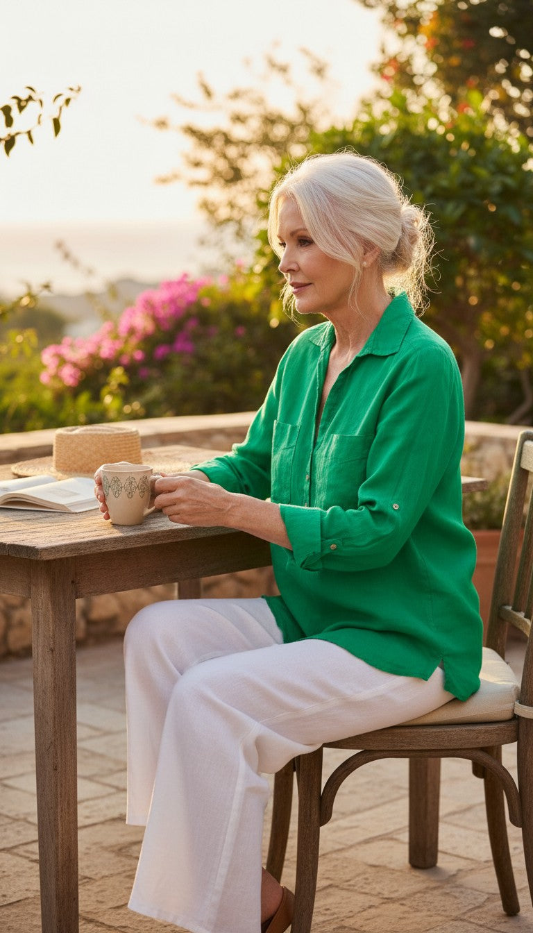NWT Zara 100% Linen Shirt | Size M at Blue Sparrow Shop  on woman drinking coffee outside 