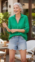 NWT Zara 100% Linen Shirt | Size M at Blue Sparrow Shop  on woman in denim cut off shorts