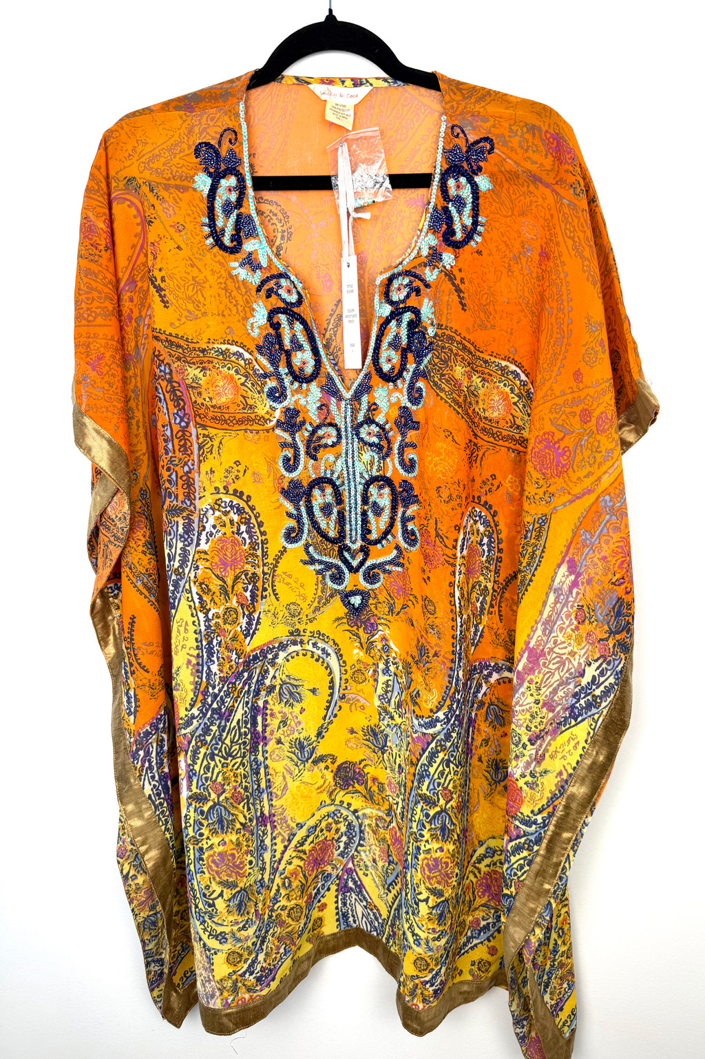 apricot orange paisley kaftan top women beaded boho tunic blouse front view 