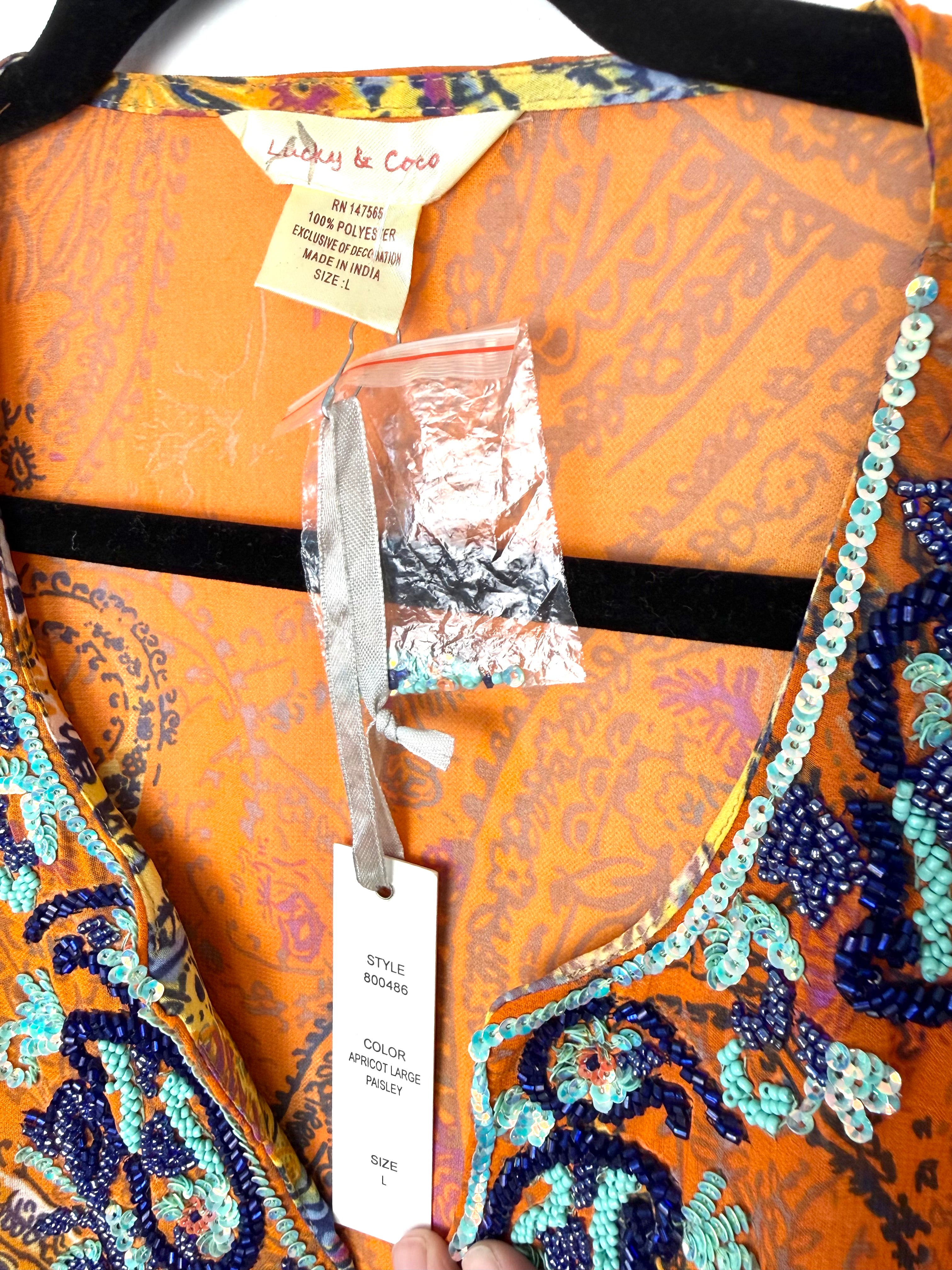 NWT flowy boho kaftan sleeve resort wear vacation blouse women orange with blue sequinned beading  on hanger showing new tags