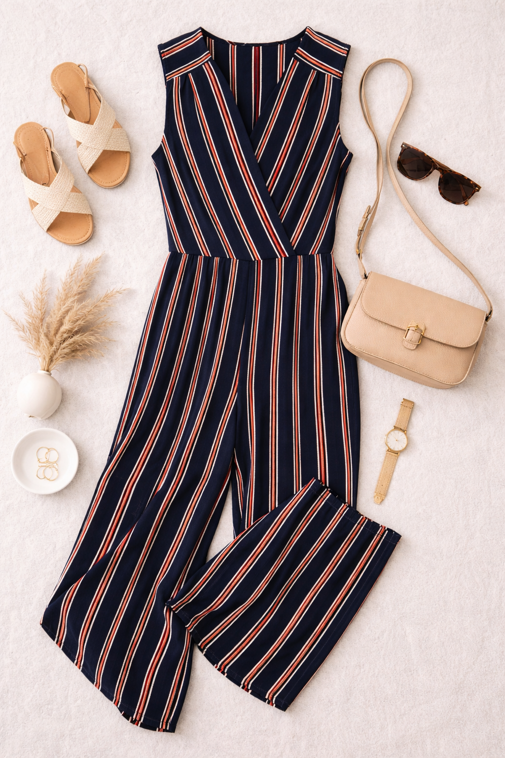 NWT_navy_and_orange_striped_jumper_at_Blue_Sparrow_resale_shop flatlay with purse, watch, sunglasses