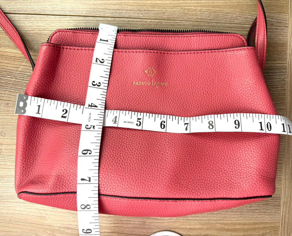 Nanette Lepore Pink Pebbled Leather Crossbody Bag at Blue Sparrow Shop measuring 10.5" wide by 8" deep