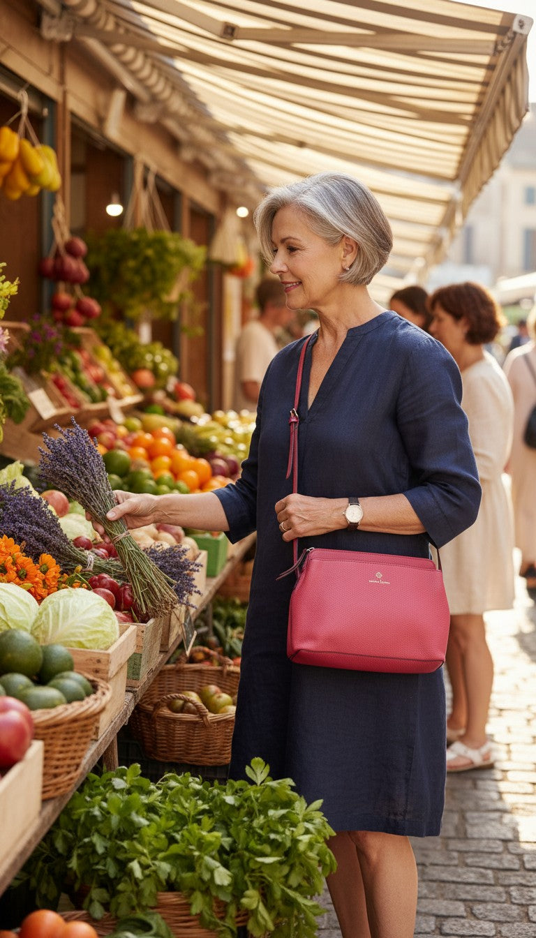 Nanette Lepore Pink Pebbled Leather Crossbody Bag at Blue Sparrow Shop  on woman shopping at market