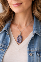 Natural Charoite Stone Wire Wrapped Pendant on woman - NOTE - does not include chain 