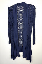 Navy Boho Crochet Open Front Cardigan | Size S at Blue Sparrow Shop  on white background
