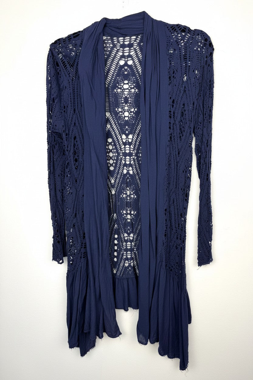Navy Boho Crochet Open Front Cardigan | Size S at Blue Sparrow Shop  on white background