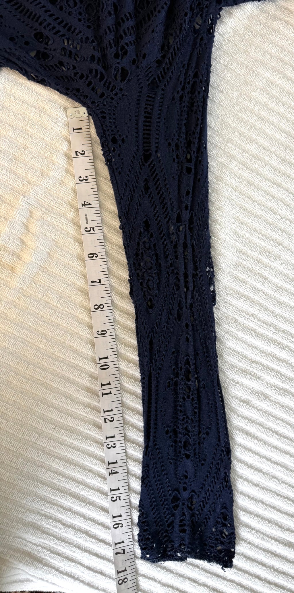 Navy Boho Crochet Open Front Cardigan | Size S at Blue Sparrow Shop measuring 18" sleeve 