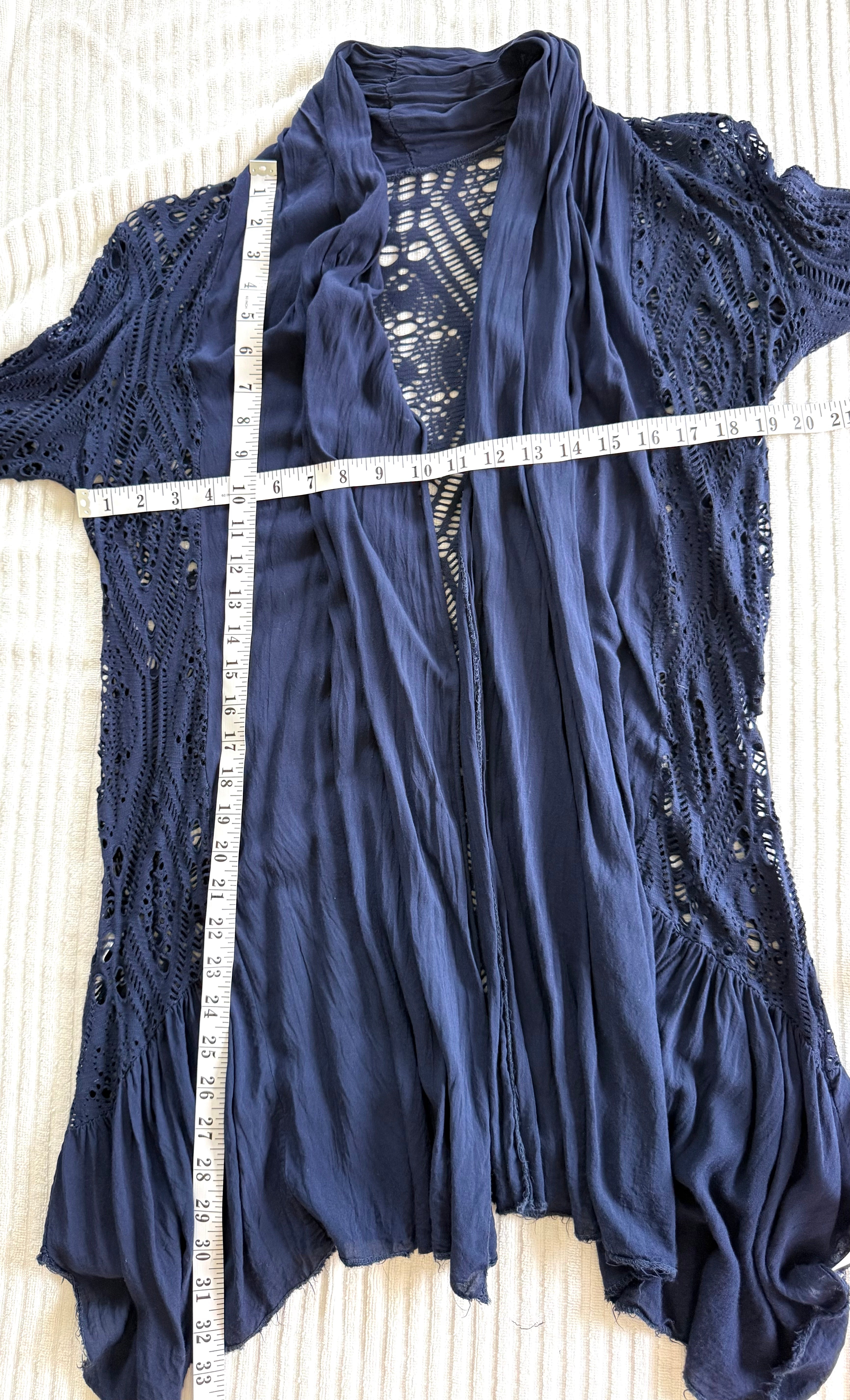 Navy Boho Crochet Open Front Cardigan | Size S at Blue Sparrow Shop measuring 38" bust and 33" shoulder to hem 