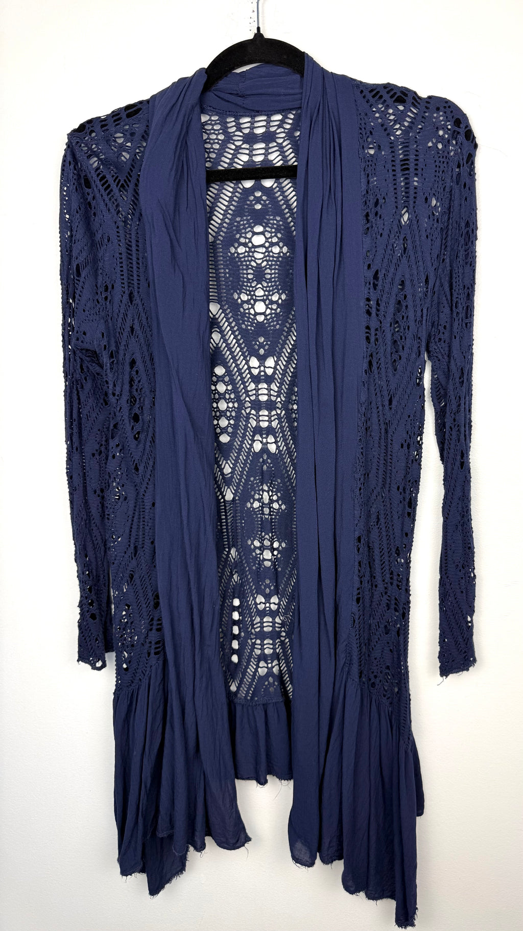 Navy Boho Crochet Open Front Cardigan | Size S at Blue Sparrow Shop on hanger
