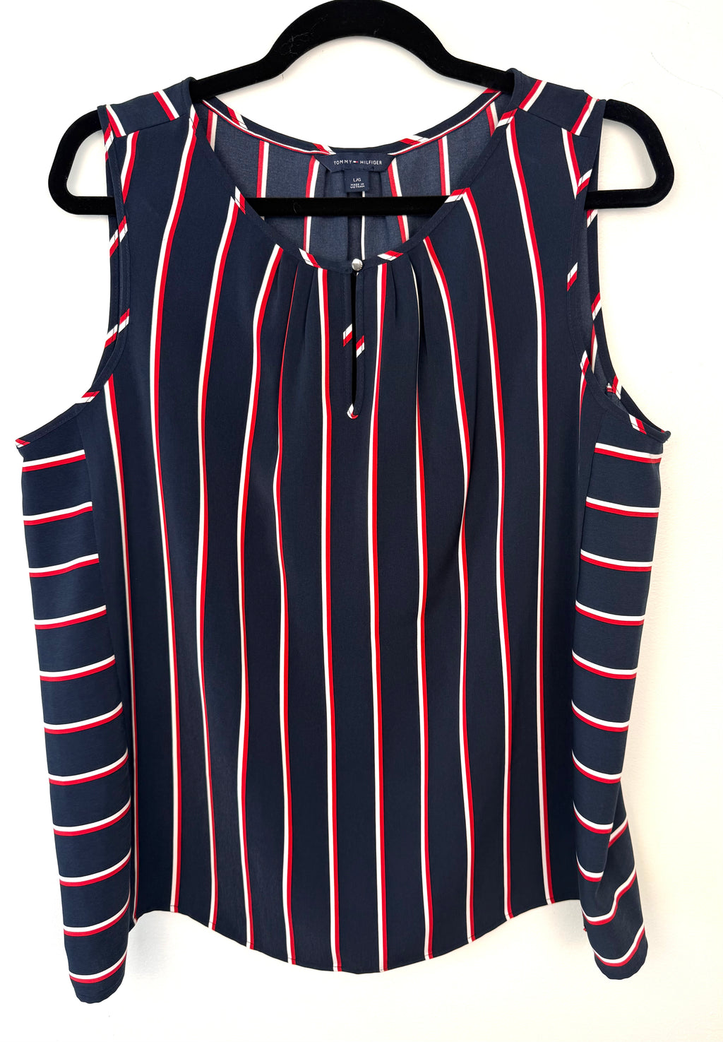 Navy Stripe Sleeveless Blouse | Tommy Hilfiger Keyhole Tank | Size L at Blue Sparrow Shop on hanger