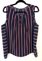 Navy Stripe Sleeveless Blouse | Tommy Hilfiger Keyhole Tank | Size L at Blue Sparrow Shop on hanger