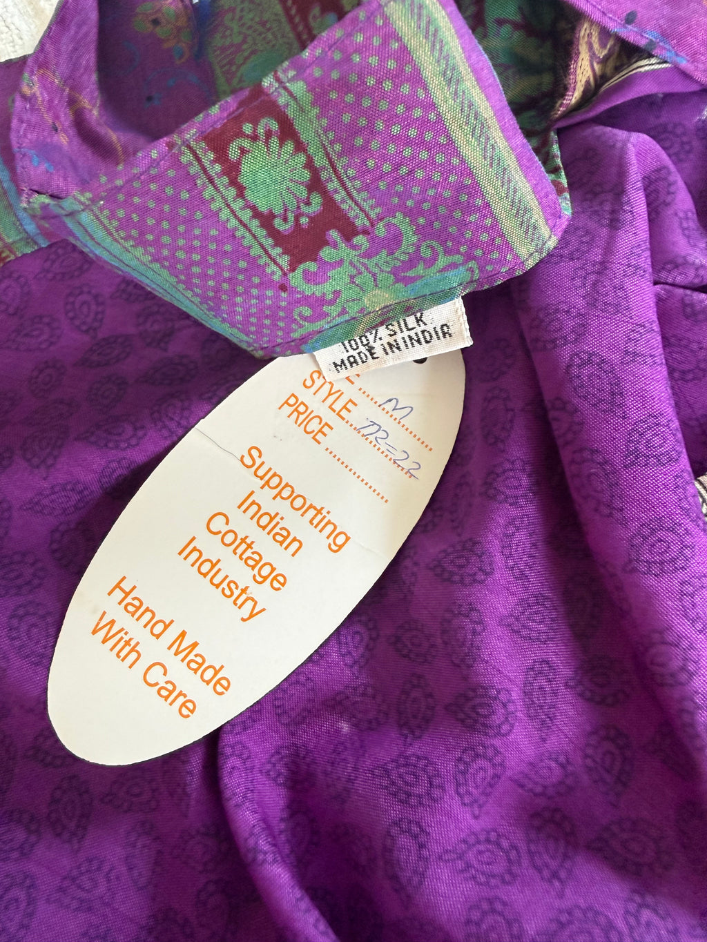 new hang tags on 100% Silk Wrap Skirt | NWT Reversible Sari Skirt | Handmade in India at Blue Sparrow Shop
