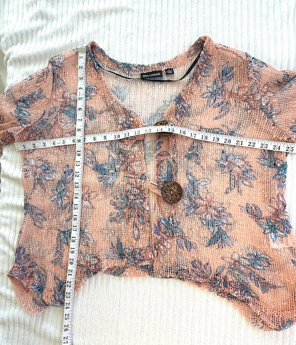 Nina Leonard Mesh Lightweight Cardigan| Size L at Blue Sparrow Shop  measuring 50" bust and 24" shoulder to hem 