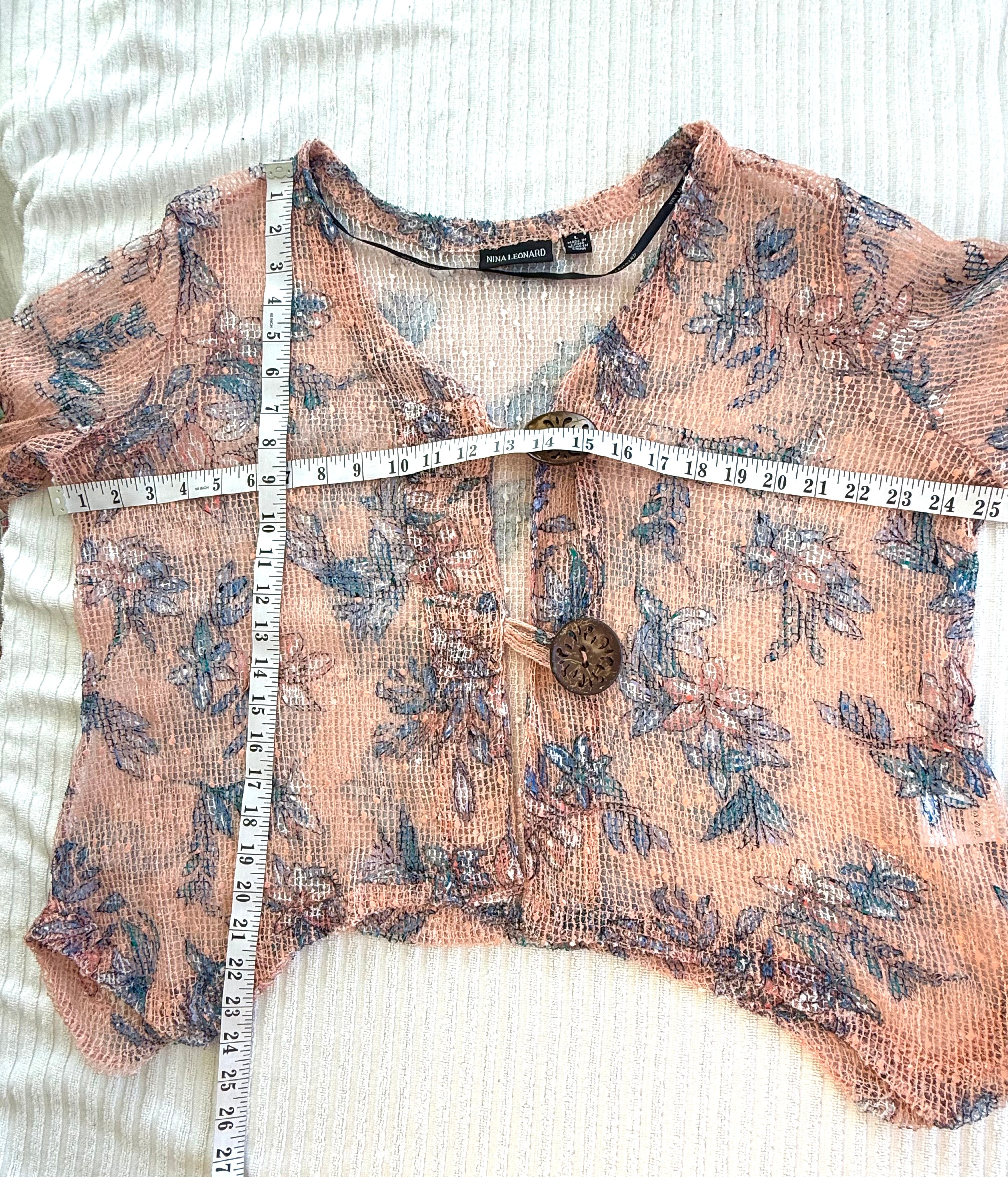 Nina Leonard Mesh Lightweight Cardigan| Size L at Blue Sparrow Shop  measuring 50" bust and 24" shoulder to hem 
