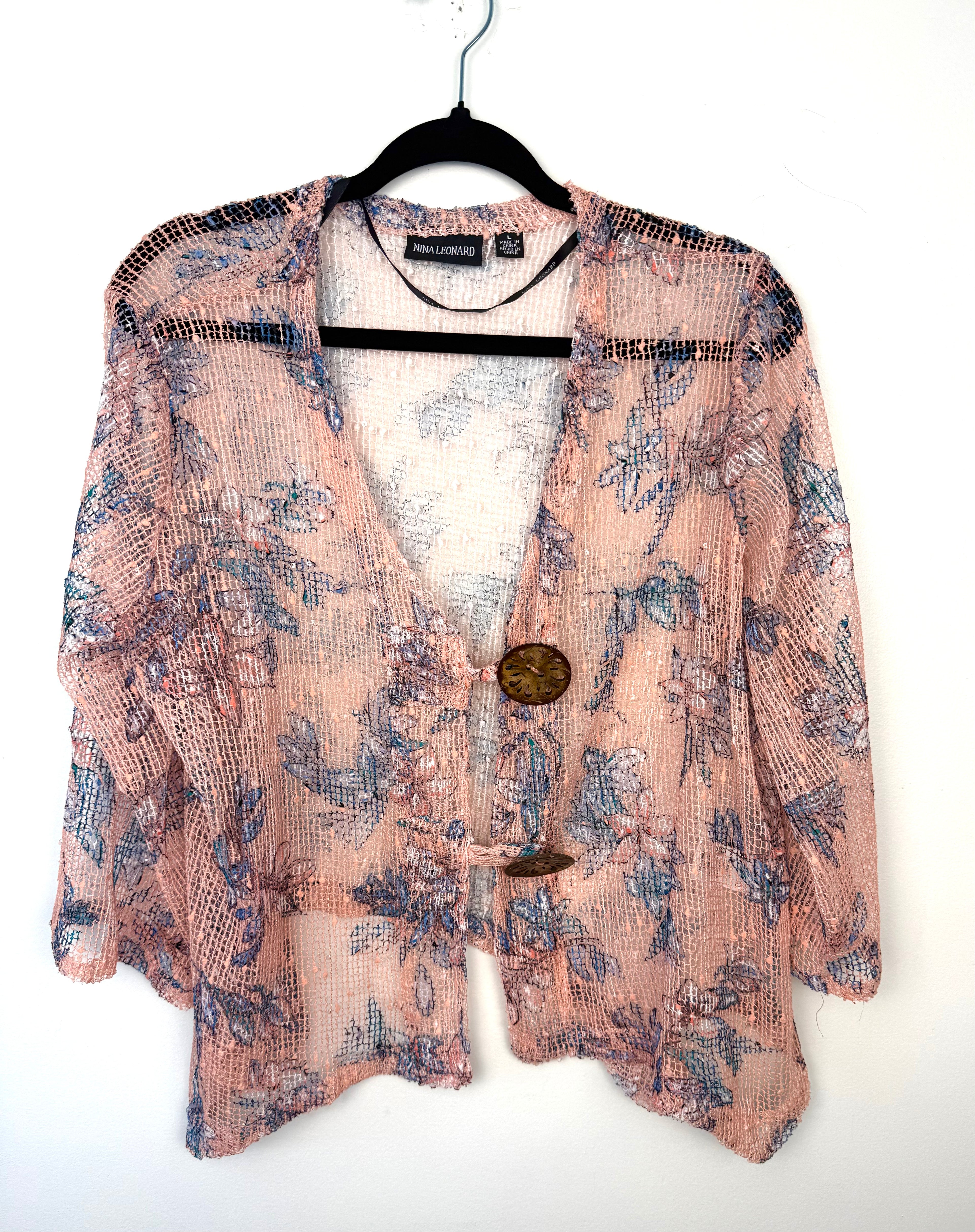 Nina Leonard Mesh Lightweight Cardigan| Size L at Blue Sparrow Shop  on hanger