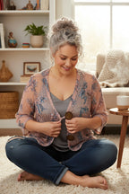 Nina Leonard Mesh Lightweight Cardigan| Size L at Blue Sparrow Shop  on woman sitting on the floor wearing jeans