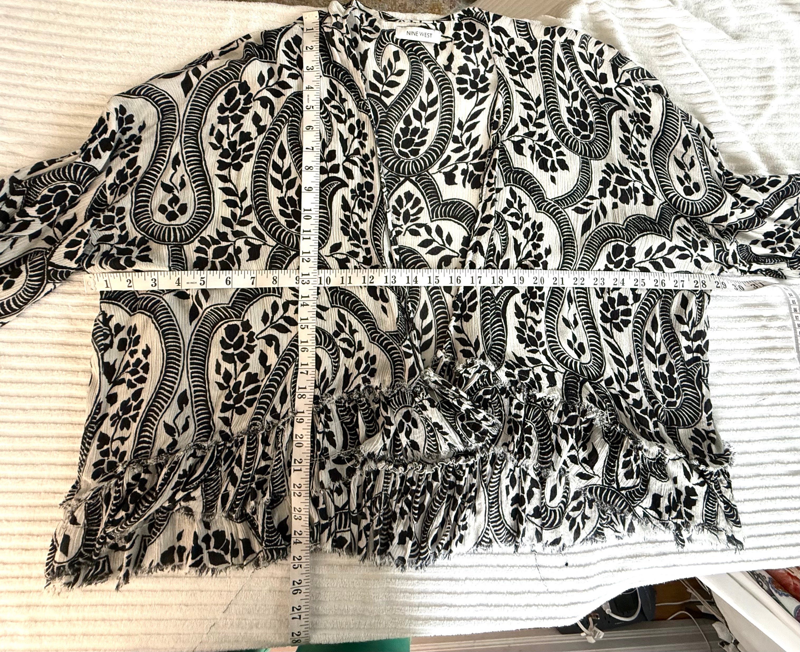 Nine West Paisley Kimono Cardigan | Boho Layering Piece | Resort Wear Cover Up at Blue Sparrow Shop measuring 58" bust and 25" length